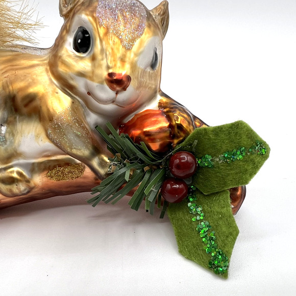 Squirrel On Branch Blown Glass Christmas Ornament, Faux Fur Tail, Holly Leaves - Picture 3 of 6